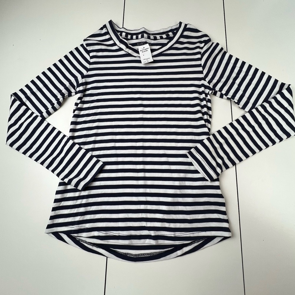 Eddie Bauer Long Sleeve V-Neck Striped Shirt Navy Women's Size S NWT